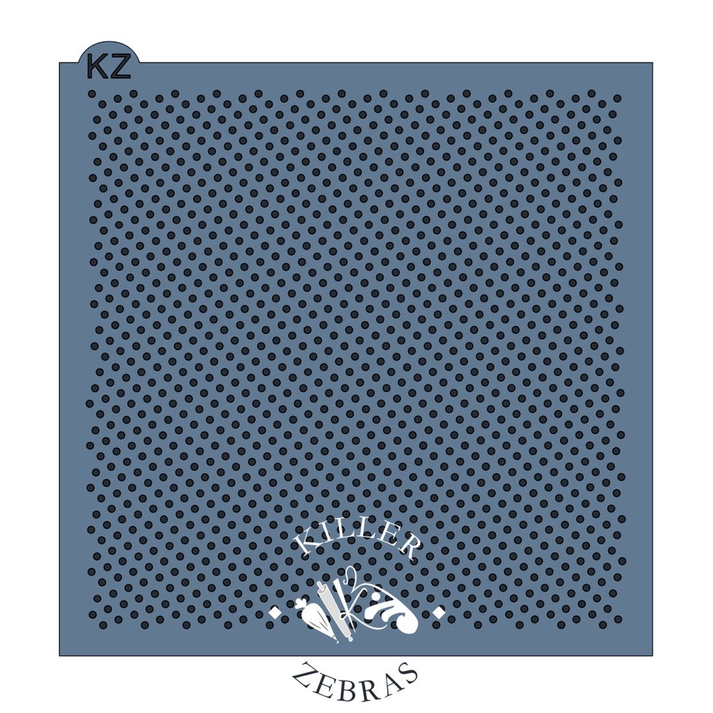 Blue perforated tiny dot texture kz stencil with repeating dot pattern and white killer zebras branding at the bottom