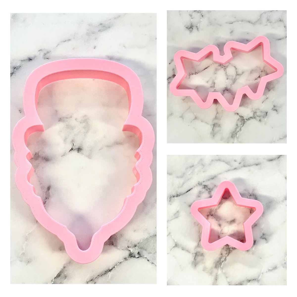 Pink plastic uncle sam gnome cookie cutter set featuring santa head and star shapes for festive baking