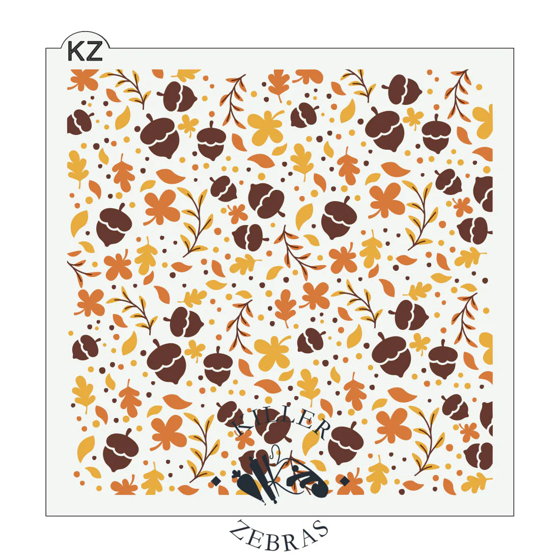 Up and autumn 3pc kz stencil set featuring autumn-themed brown acorns orange and yellow leaves on cream background