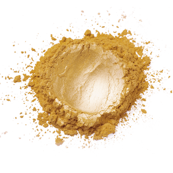 A shimmering gold finely milled pigment powder in a circular mound labeled wedding gold the sugar art luster dust