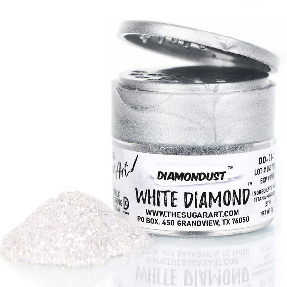 Silver metallic container of white diamond glitter dust from the sugarart with sparkling white diamondust powder inside