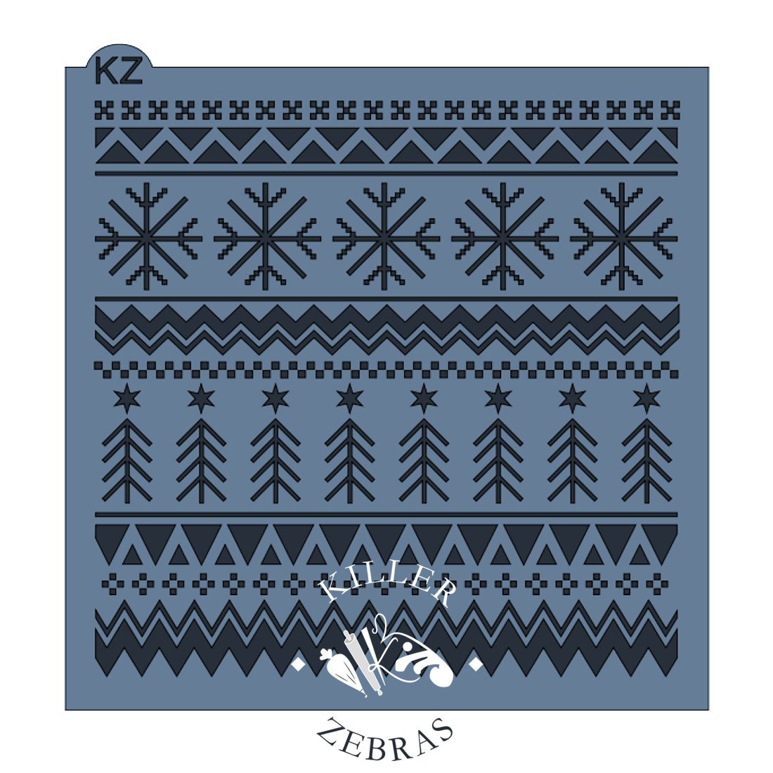 Blue winter fair isle sweater stencil with black geometric and snowflake patterns for holiday-themed designs