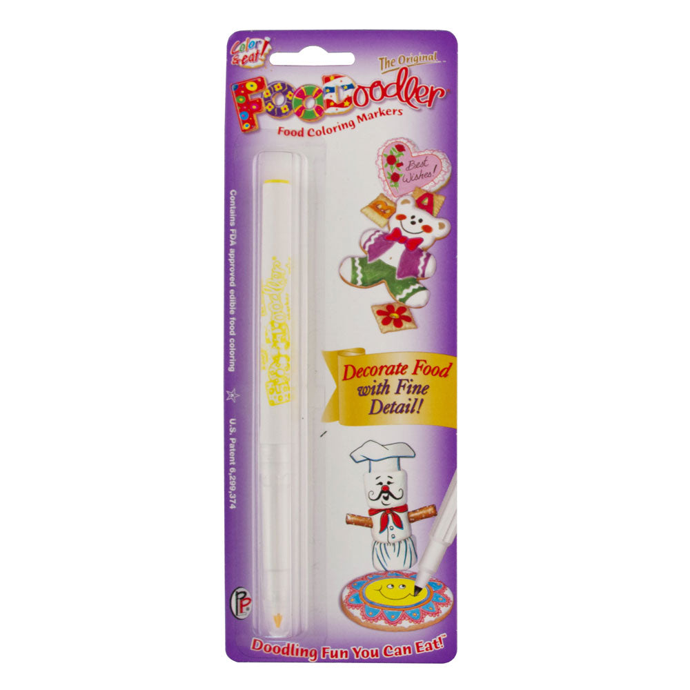 FooDoodler yellow fine line food coloring marker with white body yellow tip in purple cake food doodler packaging