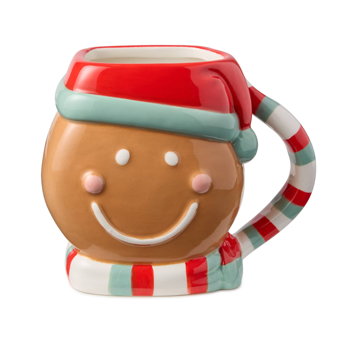 A festive gingerbread man mug with glossy brown body red and teal santa hat and candy cane striped handle.