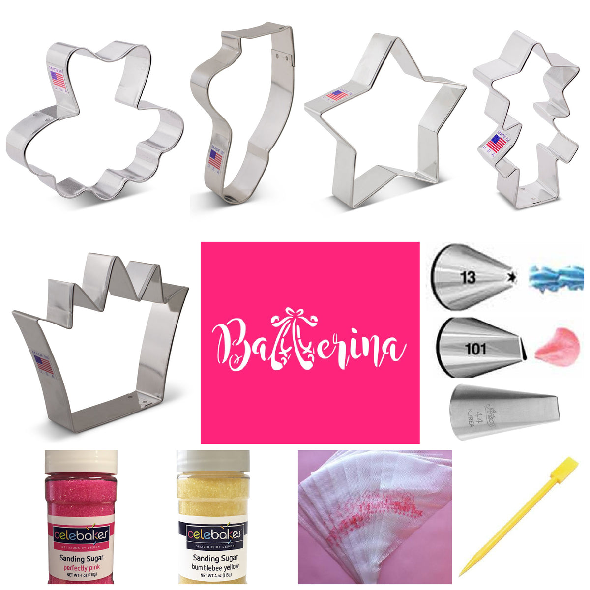 Baking tools including stainless steel flower star and crown cookie cutters piping tips 13 and 101 and celebaker pink sanding sugar jars in ballet kit