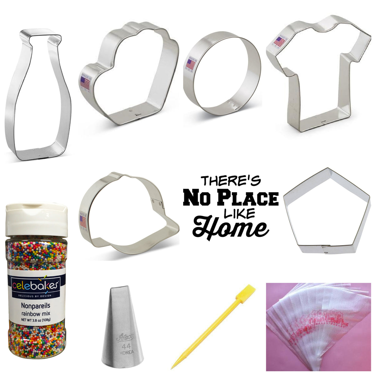 Set of stainless steel cookie cutters in various shapes including bottle heart circle t-shirt bell and pentagon baseball kit