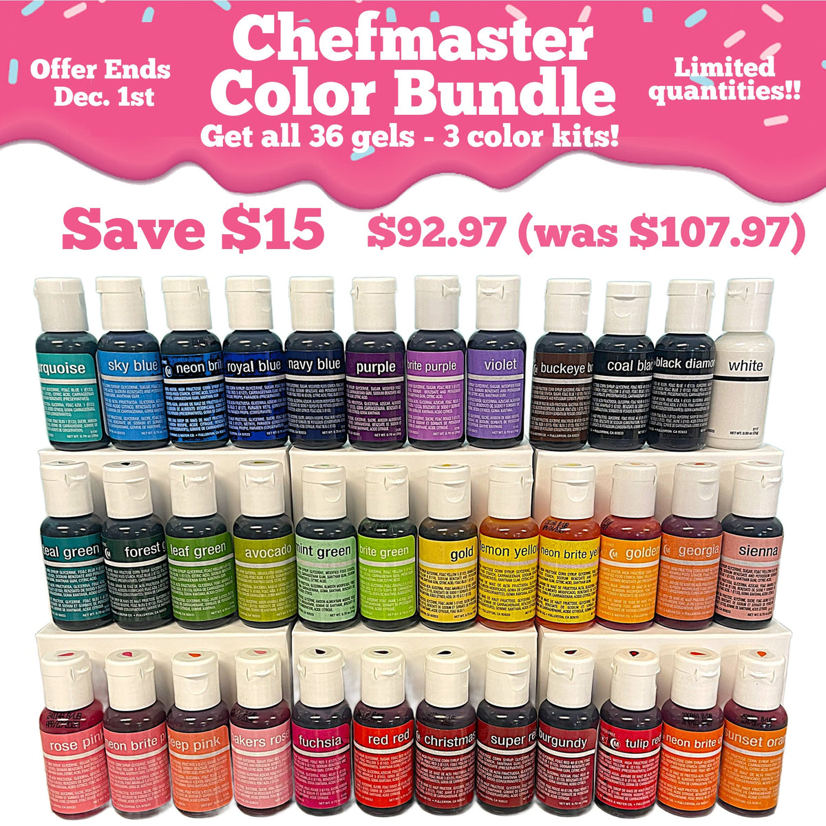 Chefmaster color bundle with 36 gel bottles in three color kits featuring white caps and colorful shade labels in supplies collection