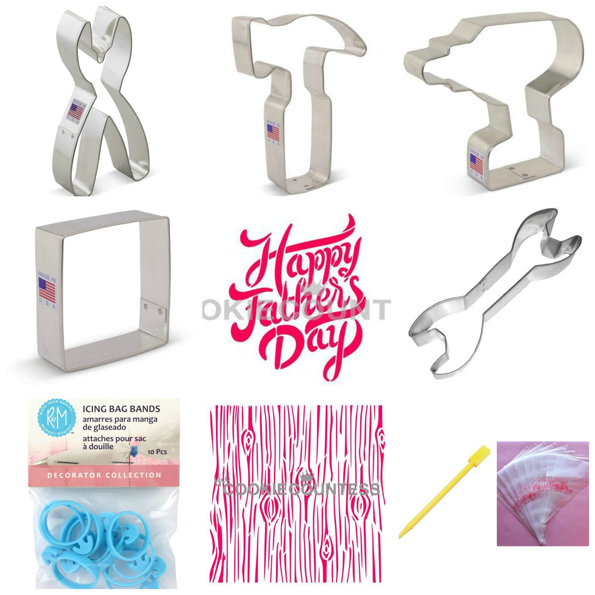 Set of stainless steel tool-shaped cookie cutters including hammer wrench and power drill for father’s day tool kit.