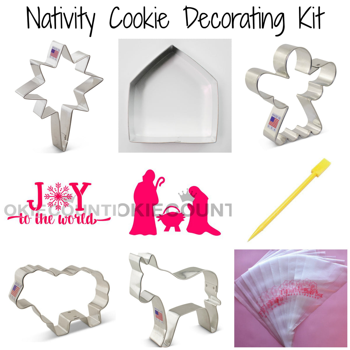 Nativity kit collection featuring stainless steel cookie cutters shaped like star house gingerbread man sheep and donkey with pink nativity silhouettes and yellow piping tip