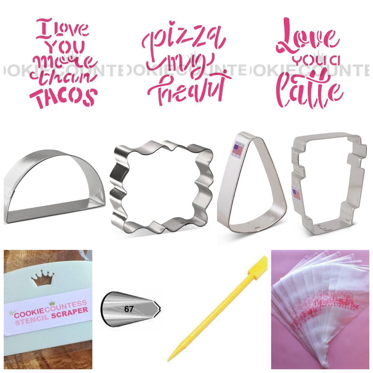 Set of four stainless steel cookie cutters shaped like taco pizza slice coffee cup and heart from taco pizza latte kit