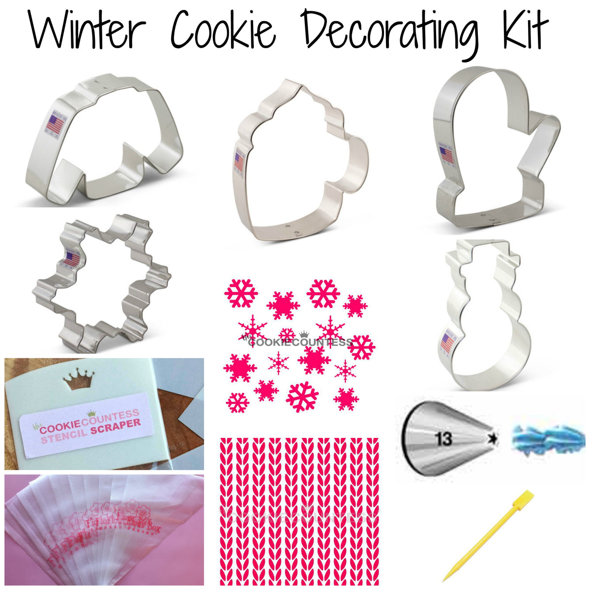Silver metal cookie cutters shaped like a hat snowman and mittens with american flag emblem winter kit collection