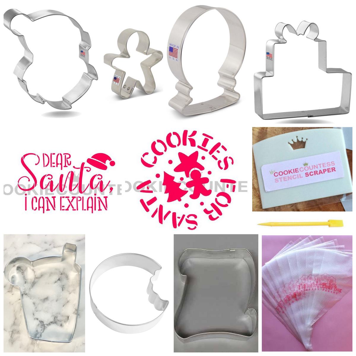 Set of stainless steel cookie cutters in festive holiday shapes including bear gingerbread man snowman and gift box