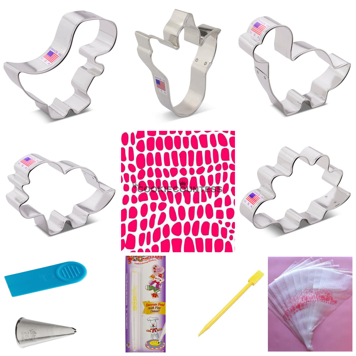Set of stainless steel cookie cutters in ghost bunny heart cloud and flower shapes from the Dino Kit Collection
