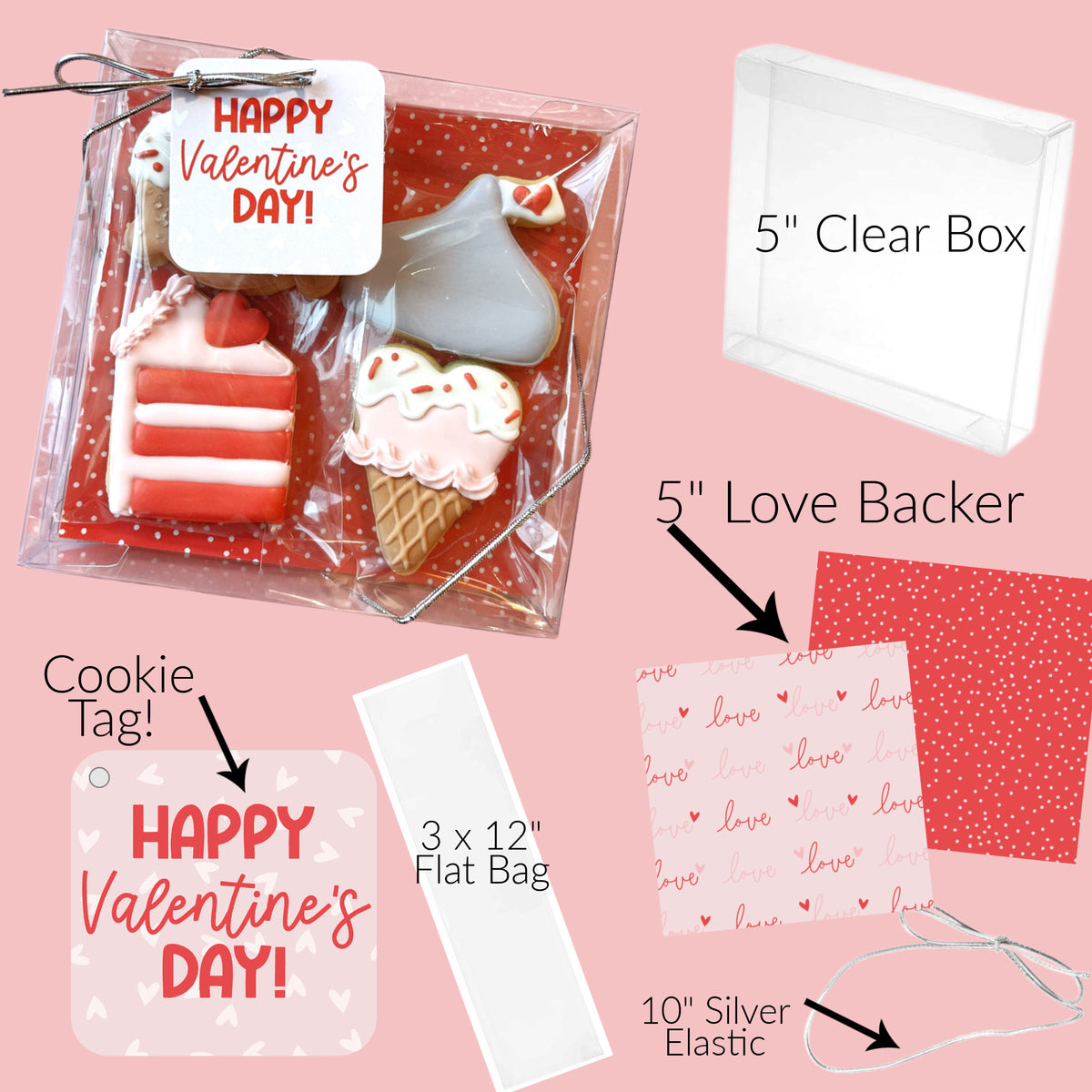 Valentines day cookie gift set in clear plastic box with red polka dot backing featuring decorated cake and ice cream cookies
