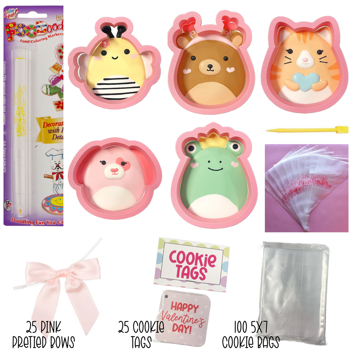 Set of five pink silicone cookie molds shaped like bee deer cat rabbit and frog from squishie valentine cookie decorating kit