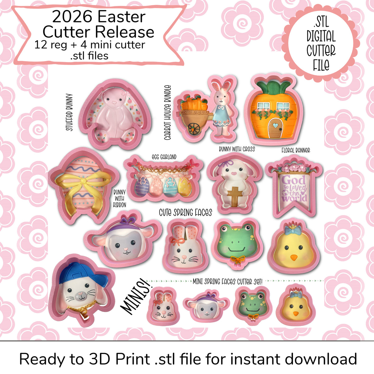 Pink silicone 3d printable easter 2026 cutter set featuring stuffed bunny carrot house and spring face designs digital file