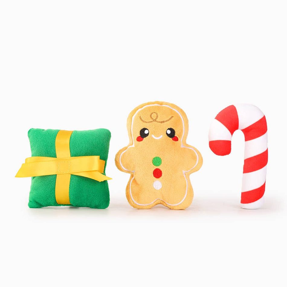 Christmas Gift Bag with Gingerbread Hide and Seek 4pc Dog Toy