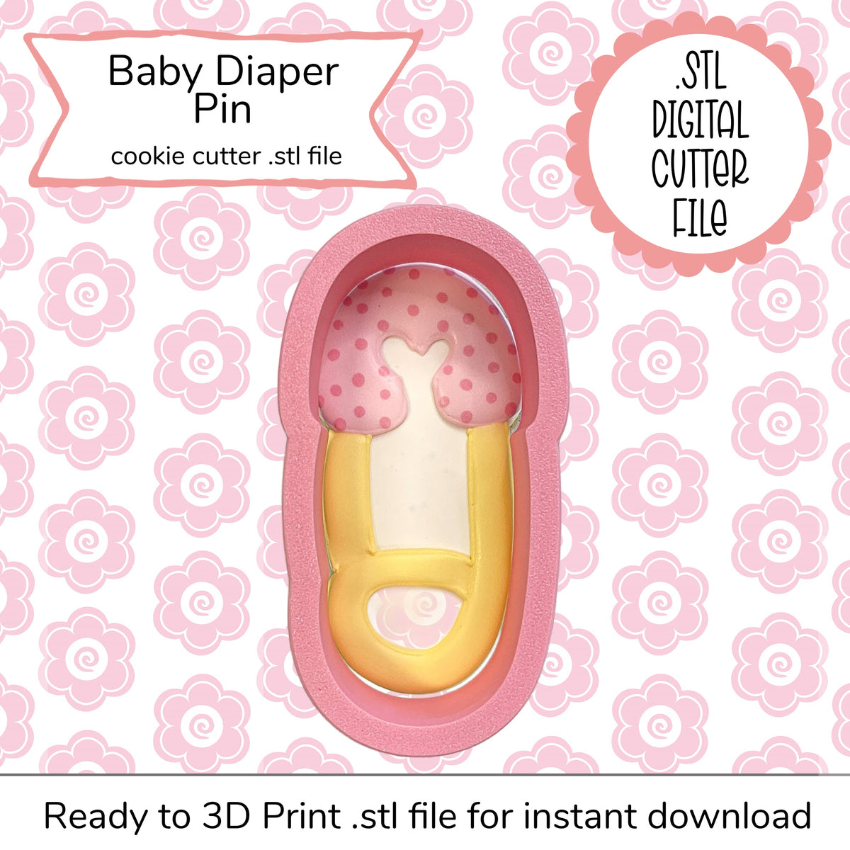 Pink and yellow baby diaper pin-shaped cookie cutter digital STL file for baking and crafting projects