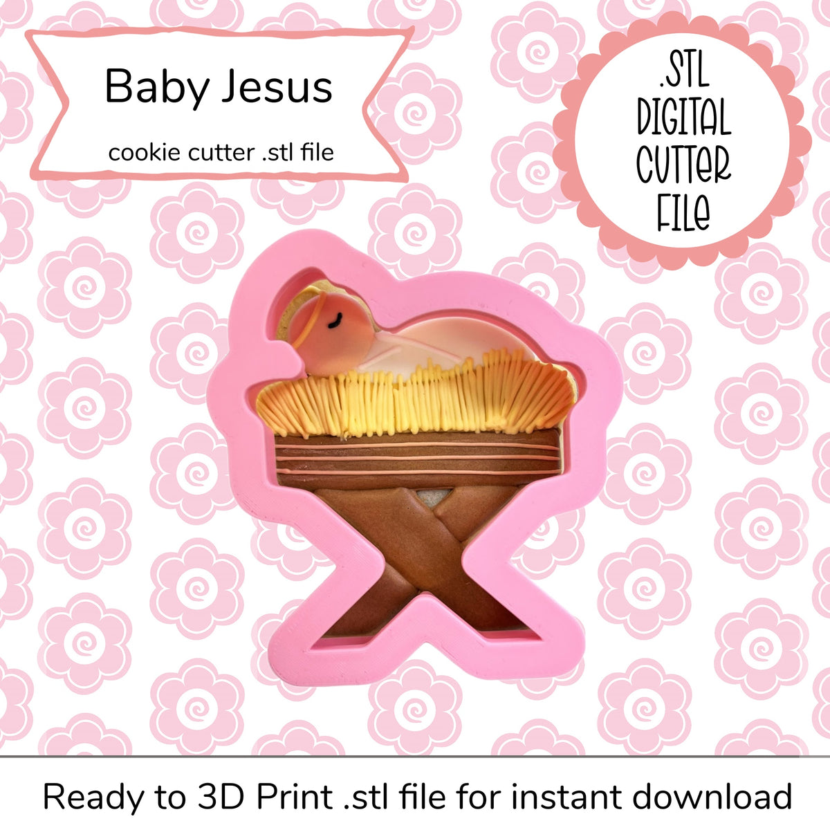 Pink silicone cookie cutter shaped like baby jesus in a manger for baby jesus cutter stl file digital design