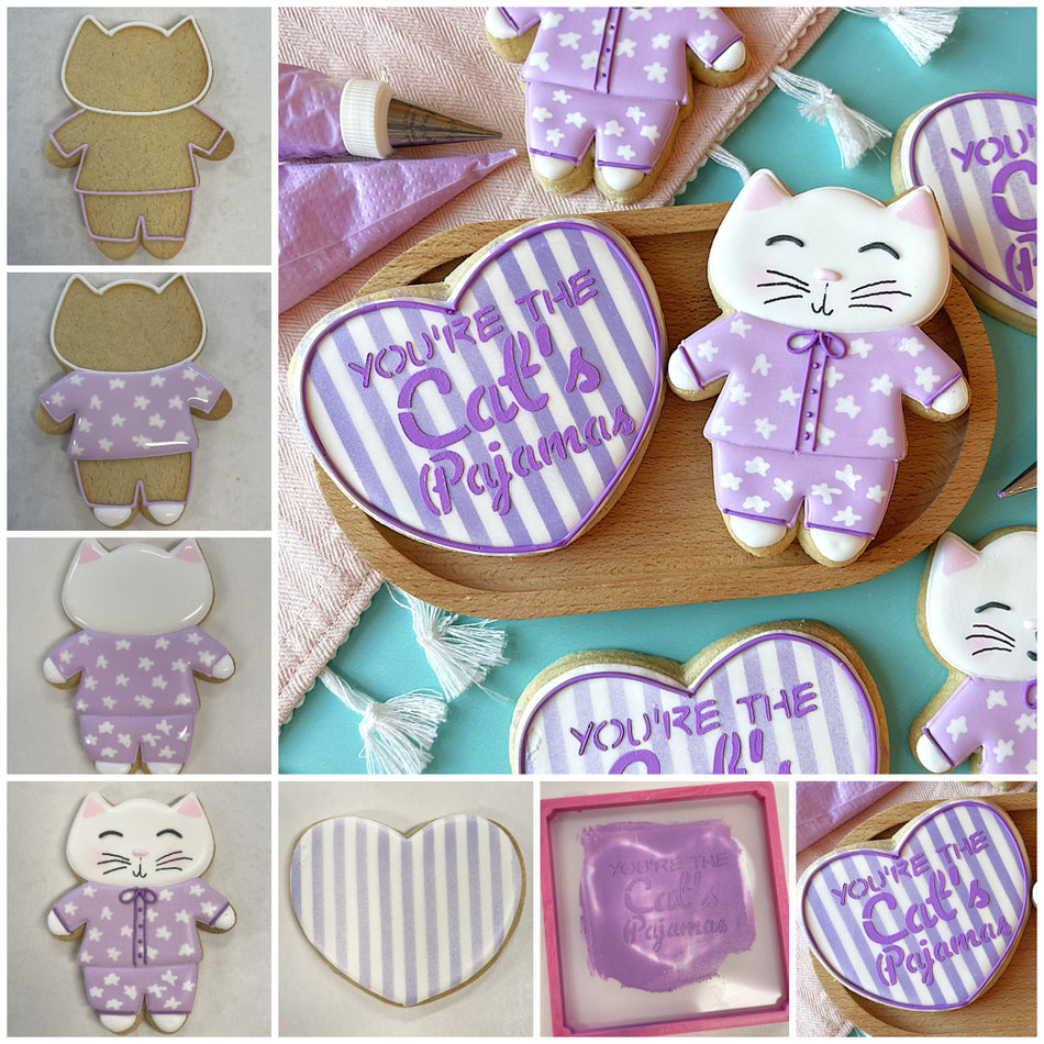 Cat in Pajamas Cookie Cutter with STENCIL