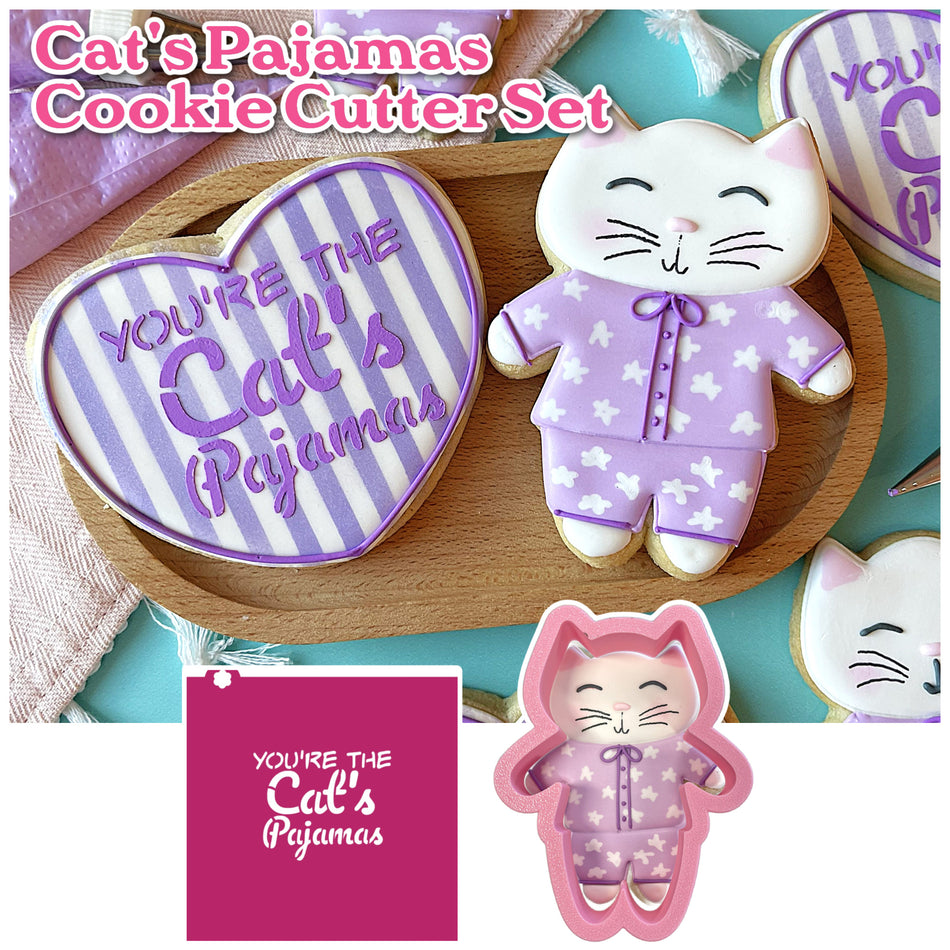 Cat in Pajamas Cookie Cutter with STENCIL