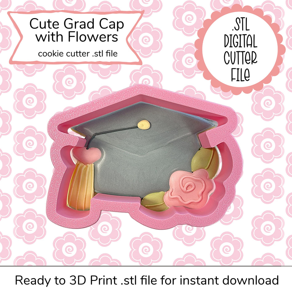 Cute Grad Cap with Flower Cutter STL File (digital file)