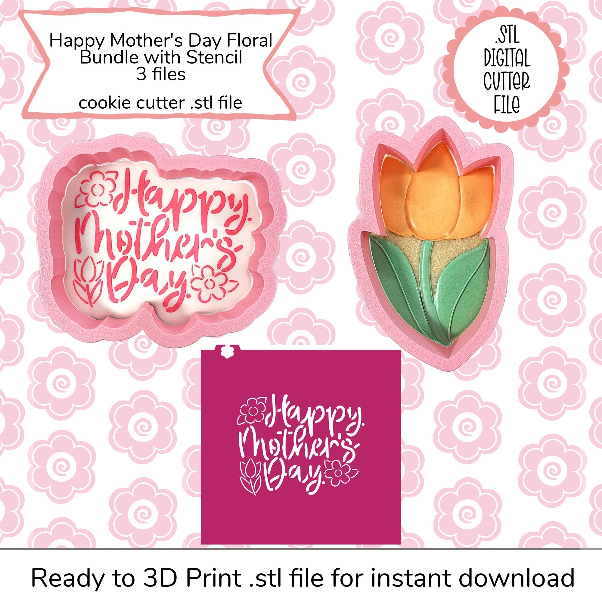 Happy Mother's Day Floral Cutter Bundle STL File and SVG Stencil File ...