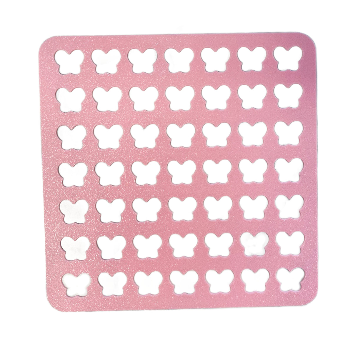 Pink rectangular silicone mat with butterfly-shaped cutouts designed as a large sprinkle stencil for decorating