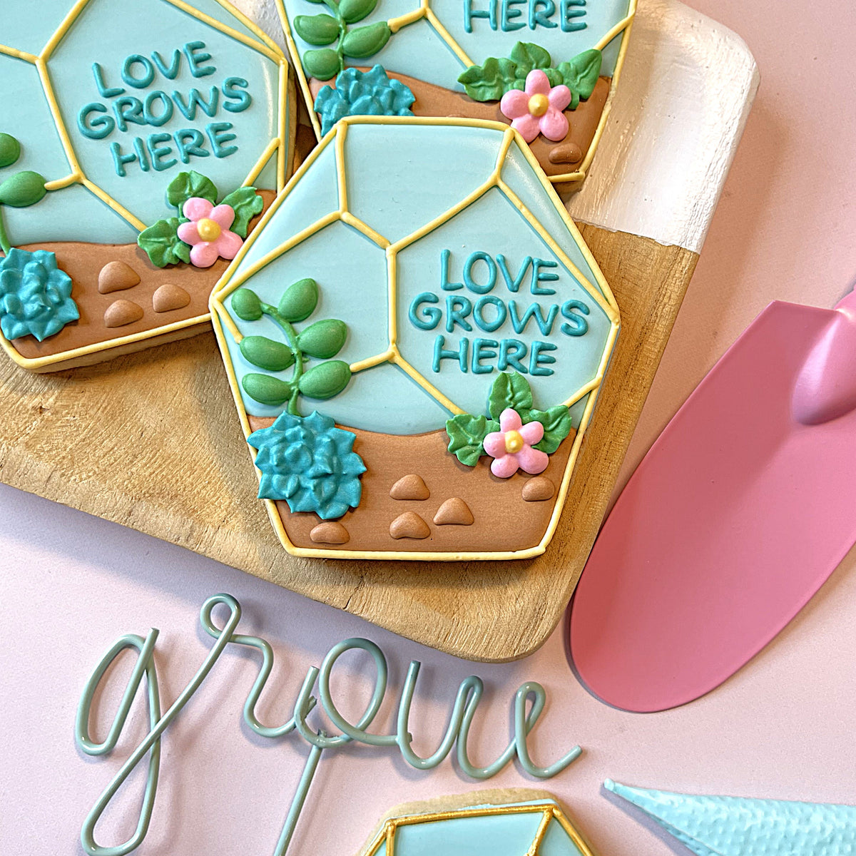 Pastel blue hexagonal sugar cookie with yellow icing borders green leafy decorations and pink flowers from plant mom cookie decorating kit