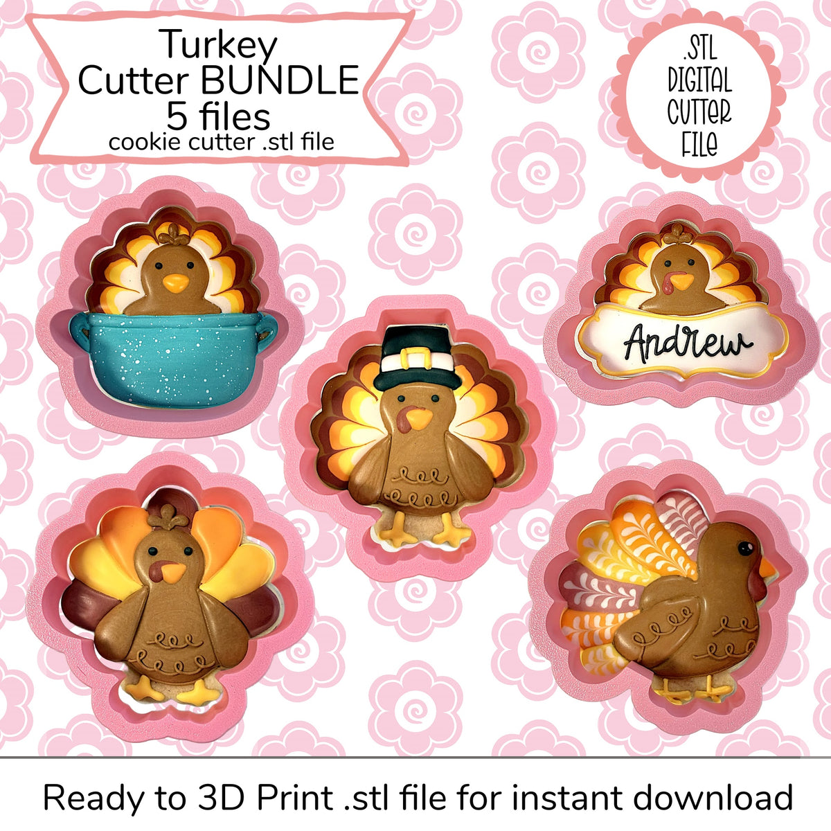 Set of five turkey-themed cookie cutters in brown orange and teal with detailed feather patterns turkey cutter bundle stl file