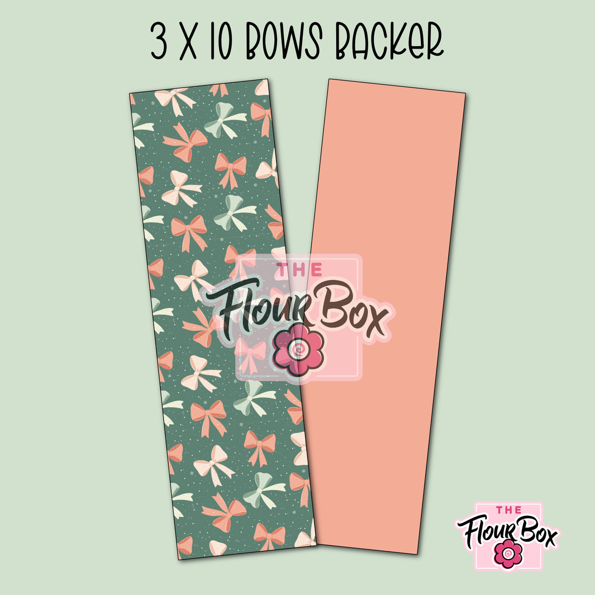 A decorative green paper backer with pink white and light mint bows pattern for bows cookie box 3 x 10 inches