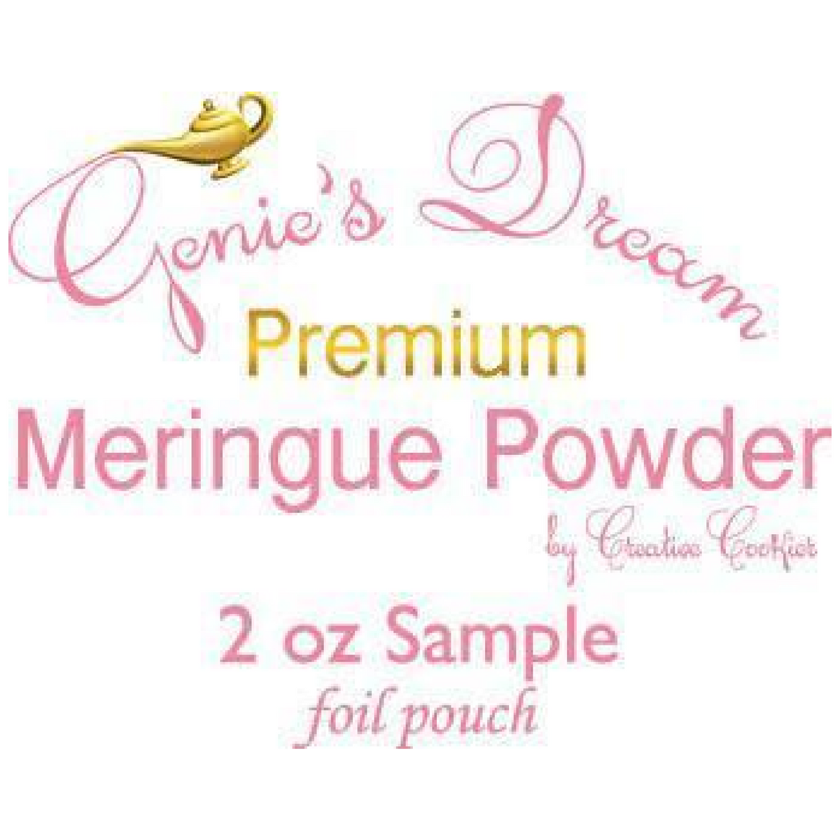 Pink and gold foil pouch of genies dream premium meringue powder 2oz sample bag for baking and decorating