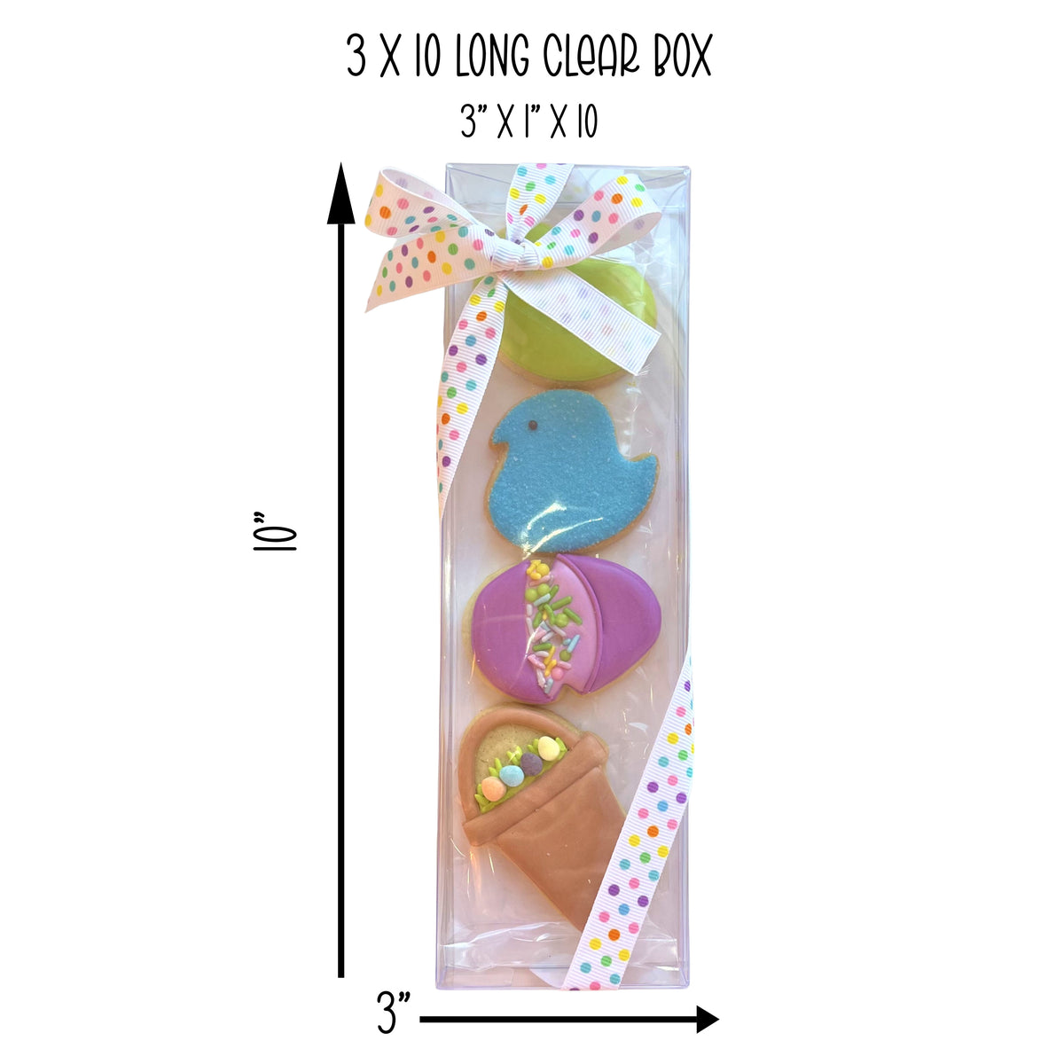 A clear plastic 3 x 10 long cookie box with a colorful polka-dot ribbon holding four easter-themed chocolate cookies
