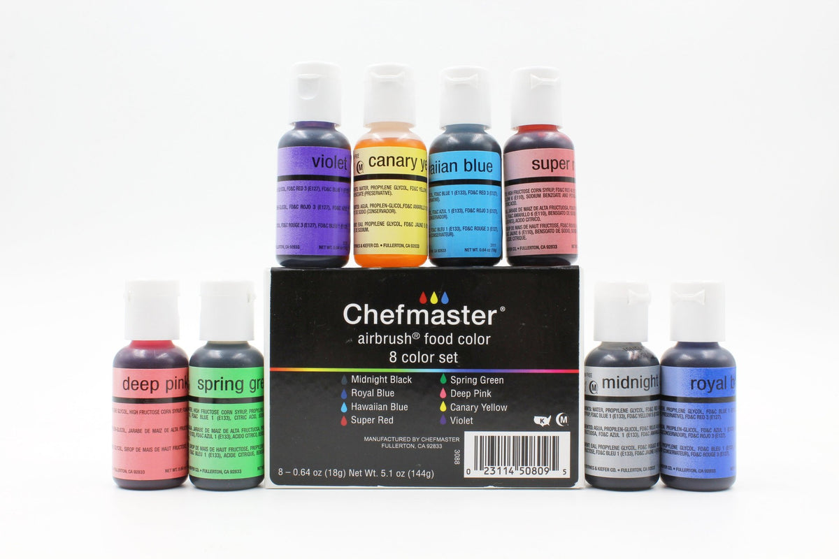Chefmaster airbrush food color 8 color .64 oz kit with vibrant labeled bottles in sleek black packaging for cake decorating