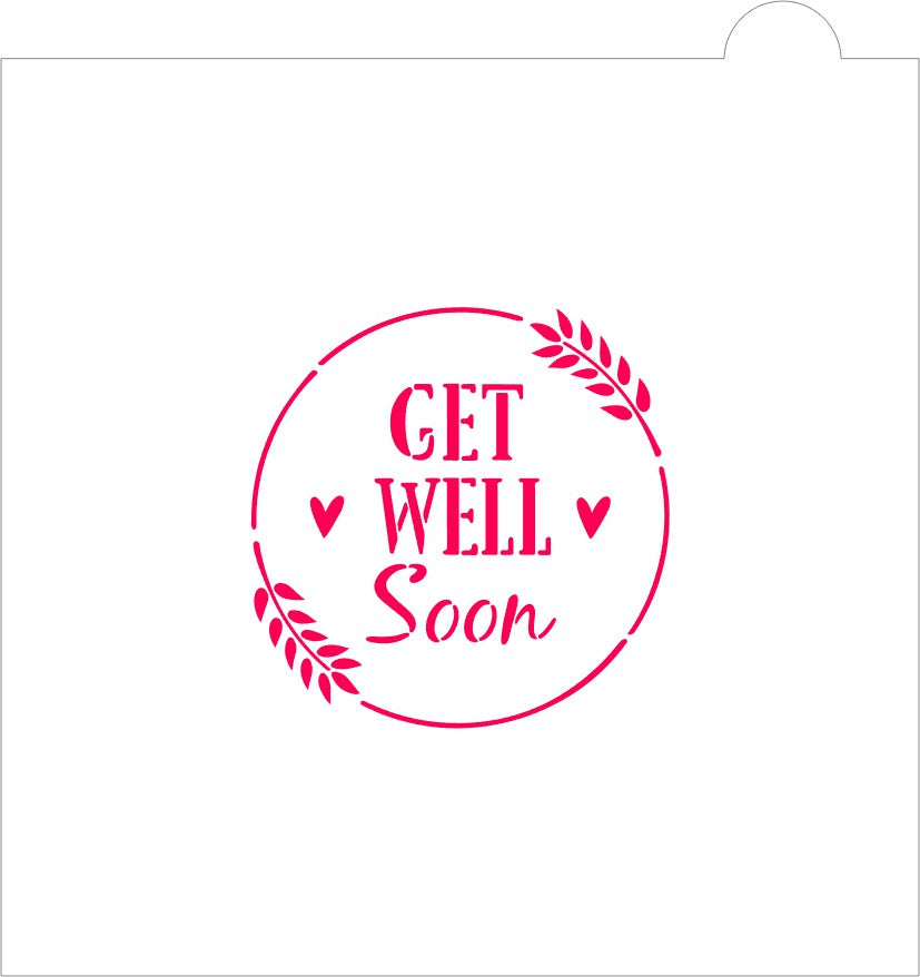 Pink get well soon circular stencil with decorative laurel wreath and hearts for crafting and card making