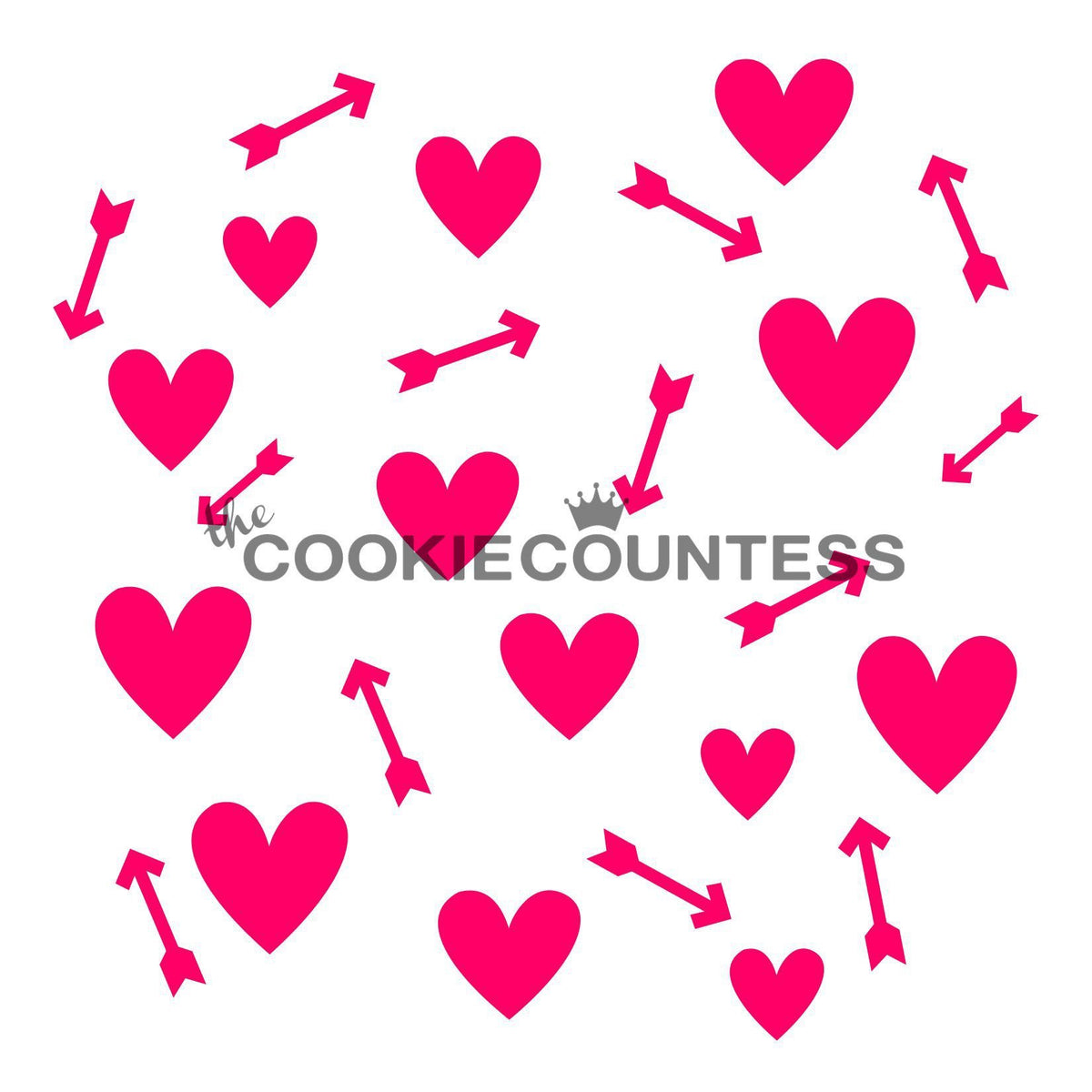 Bright pink heart and arrow confetti from hearts and arrows stencil for craft and decoration projects