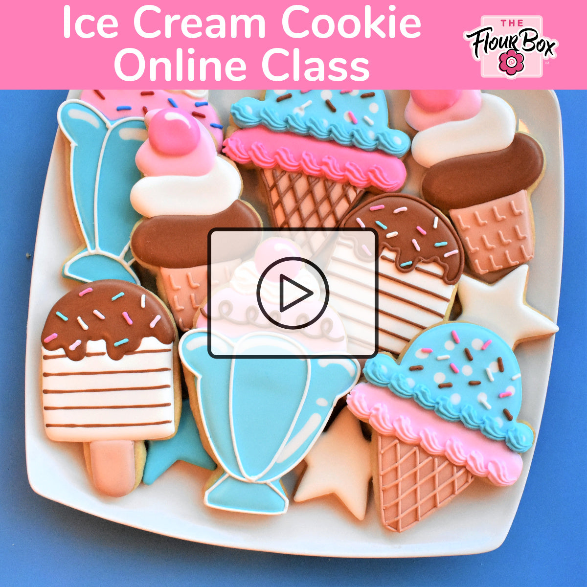 Delicate sugar cookies shaped like ice cream cones and sundaes decorated with pink blue and brown icing for ice cream online decorating class recording