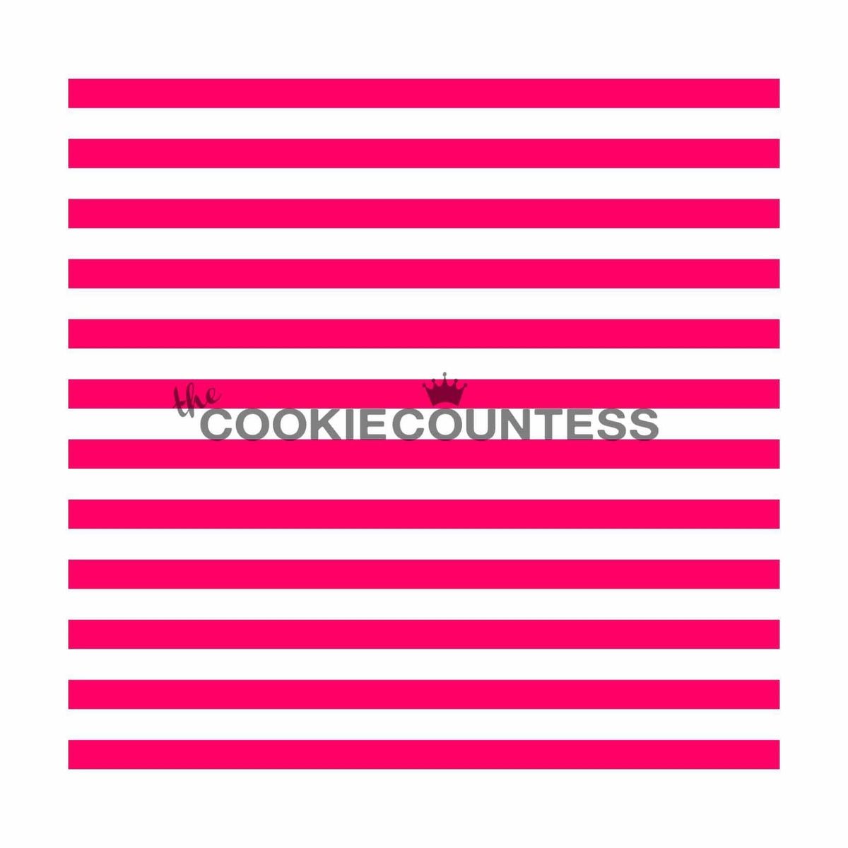 Narrow stripe stencil with fuchsia and white stripes featuring the cookiecountress text and crown icon in gray