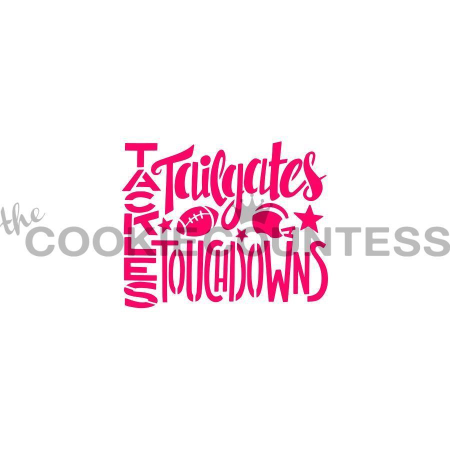 Pink tailgates and touchdowns stencil featuring football and star motifs for sports event decoration and crafts