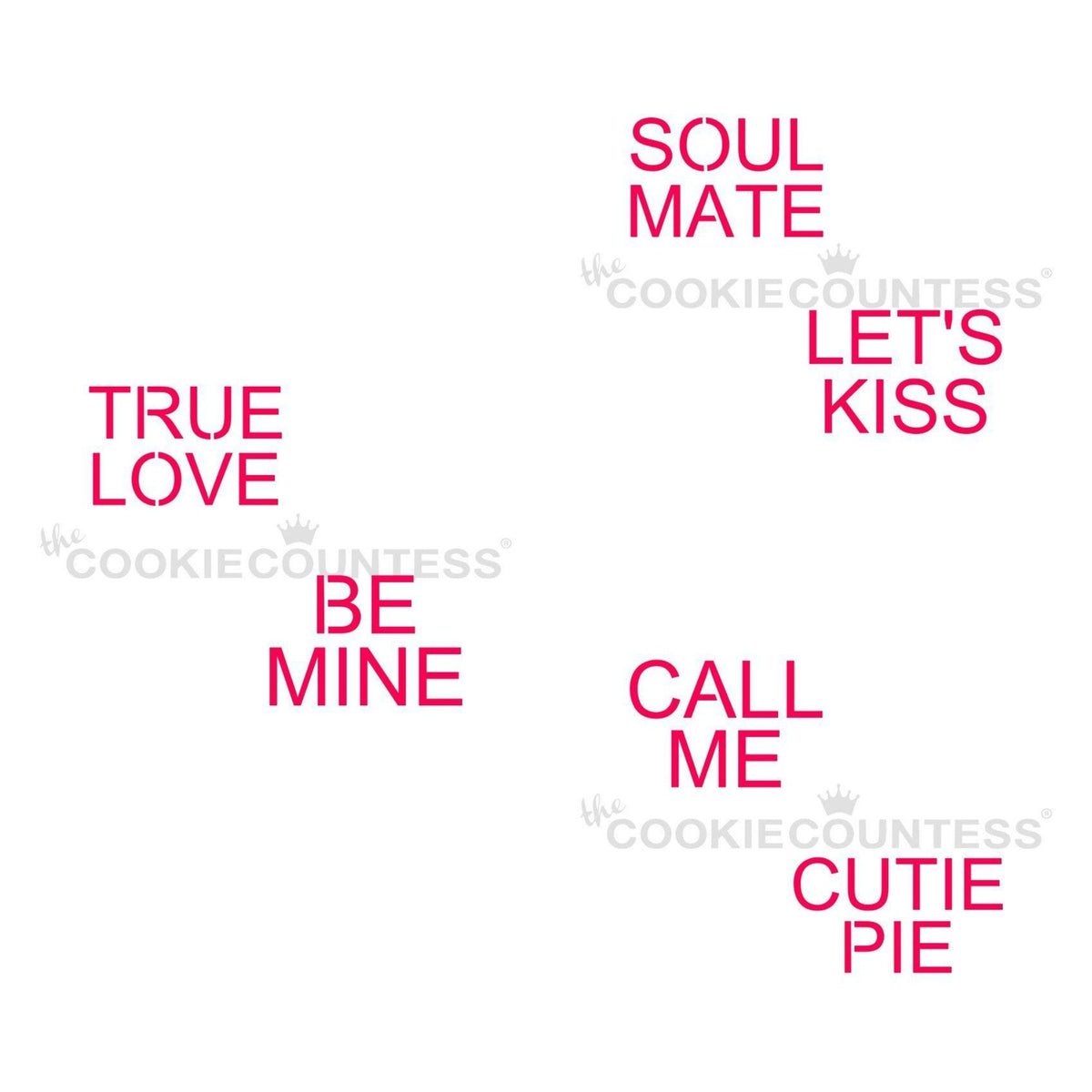 Conversation hearts large 3 pc stencil set features white plastic cookie cutters with romantic phrases like pink soul mate and lets kiss