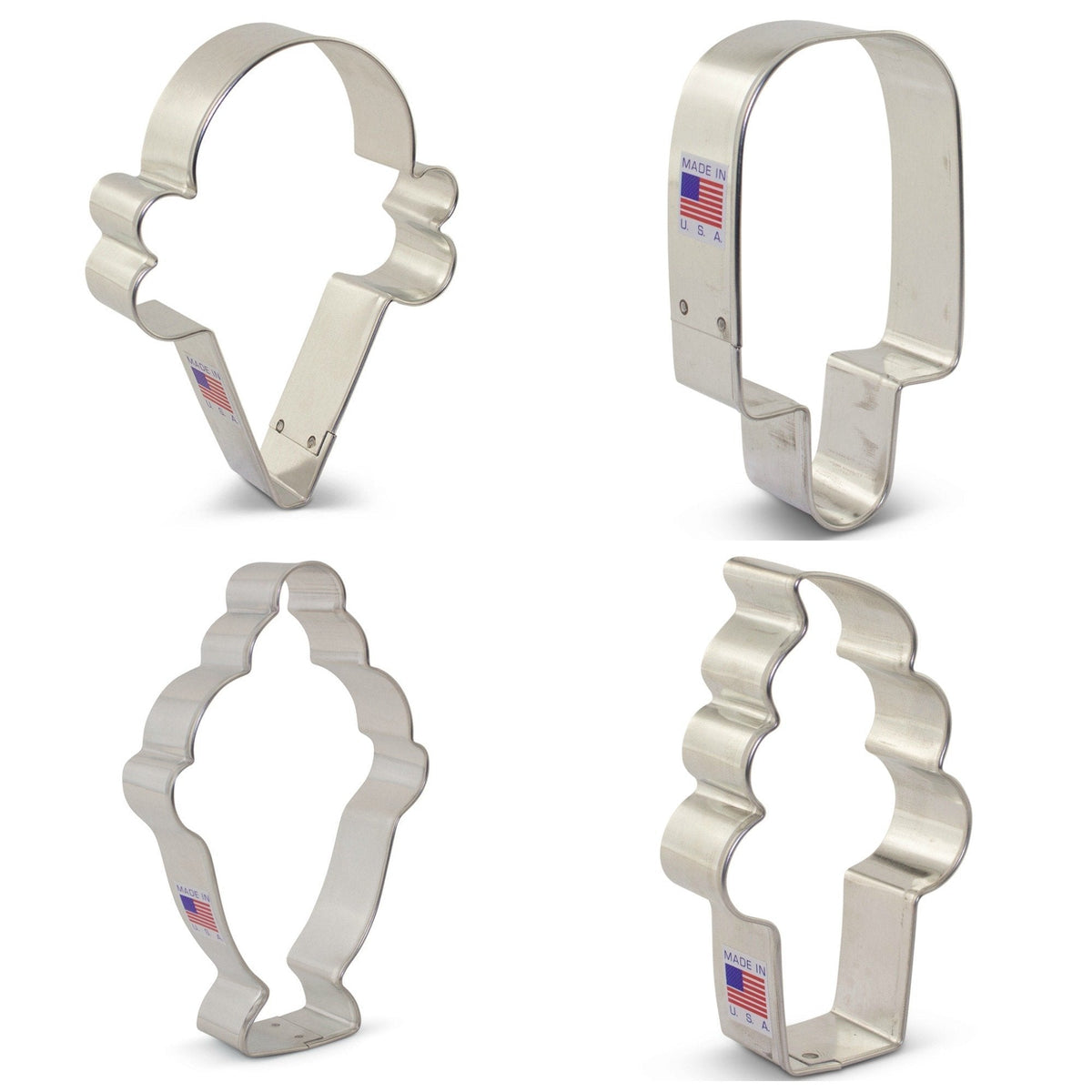 Set of four stainless steel ice cream cone cookie cutters with scalloped edges and made in usa stamp for decorating class