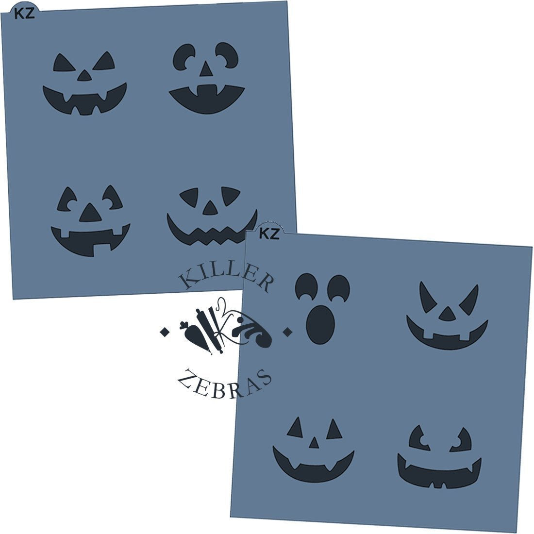 Blue plastic halloween stencil set featuring jack-o-lantern face designs for carving and decorating pumpkins