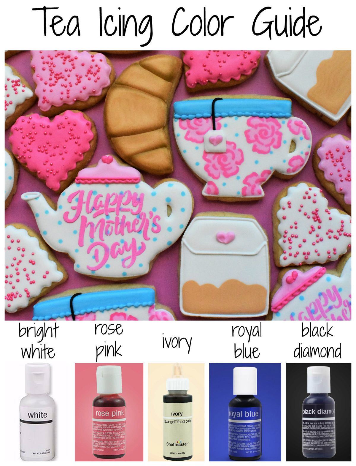 A white teapot-shaped cookie with pink floral icing blue polka dots and happy mothers day text from a decorating kit