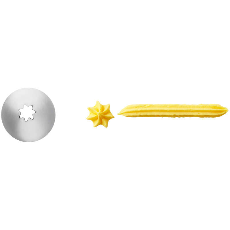 Silver metal star-shaped piping tip wilton tip 18 with yellow frosting sample for cake decorating