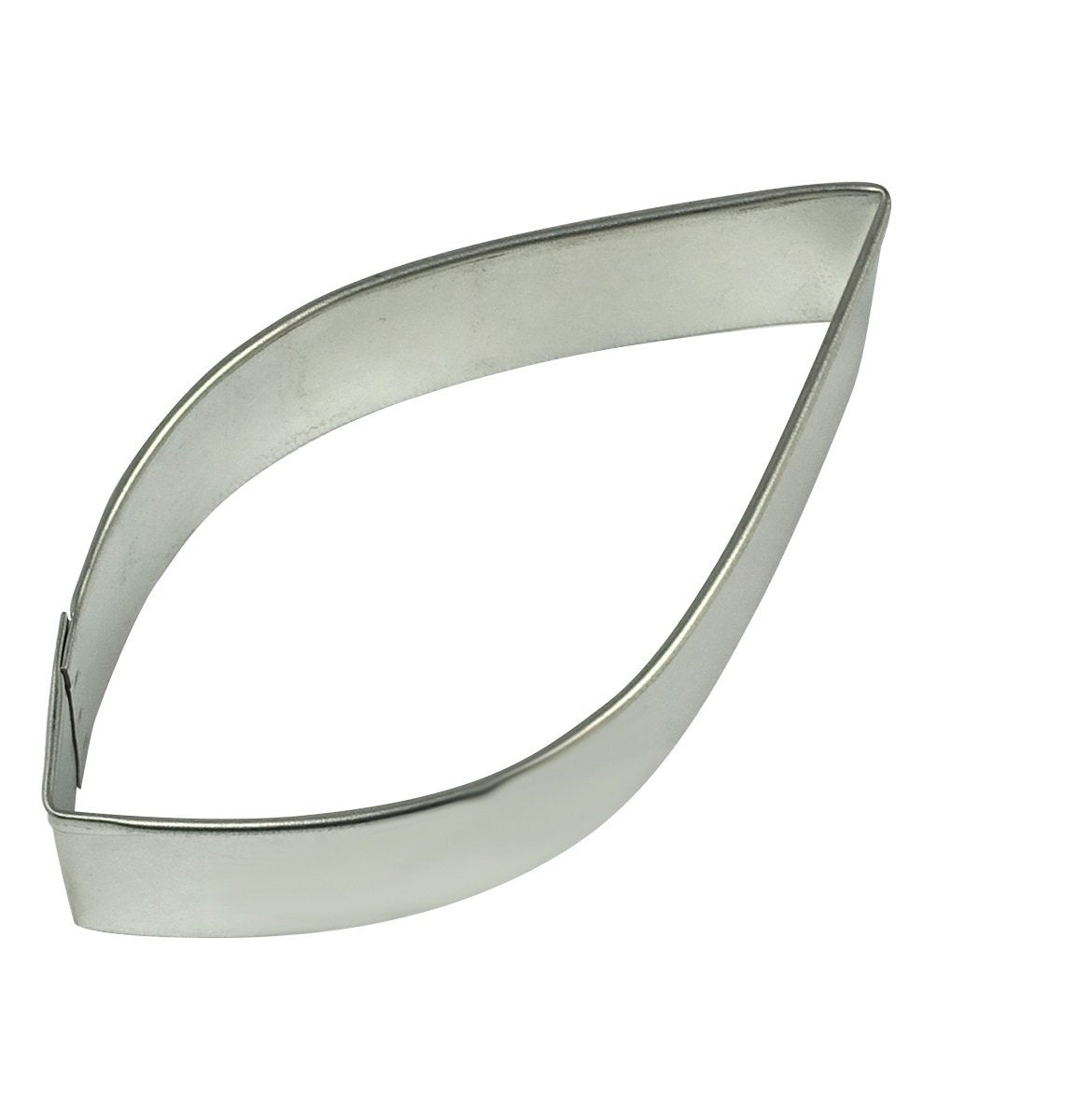 Silver metallic unicorn ear leaf cookie cutter with smooth finish and slightly curved edges for baking use