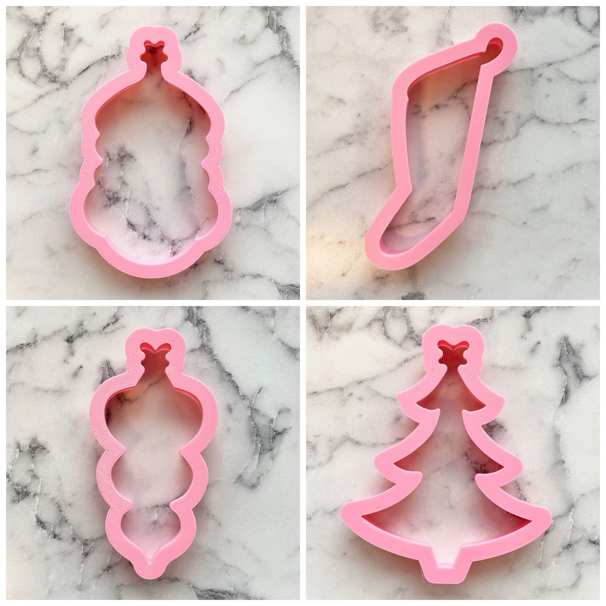 Pink plastic vintage christmas cookie cutter set shaped like ornaments stockings and trees for holiday baking